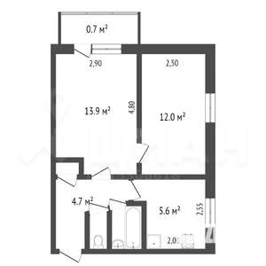 2-к квартира, на длительный срок, 42м2, 2/5 этаж