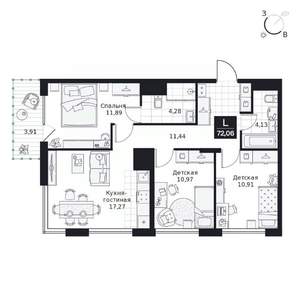 3-к квартира, вторичка, 72м2, 7/9 этаж