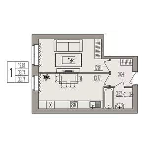 1-к квартира, вторичка, 34м2, 1/3 этаж