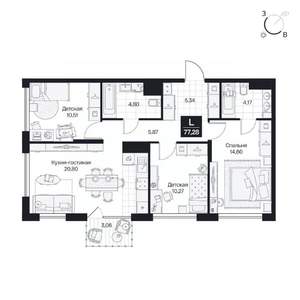 3-к квартира, вторичка, 77м2, 4/10 этаж