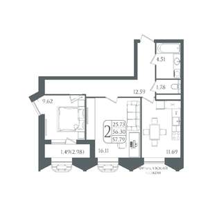 2-к квартира, вторичка, 58м2, 16/22 этаж