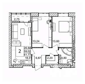 2-к квартира, вторичка, 62м2, 2/9 этаж