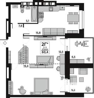 1-к квартира, вторичка, 60м2, 3/7 этаж