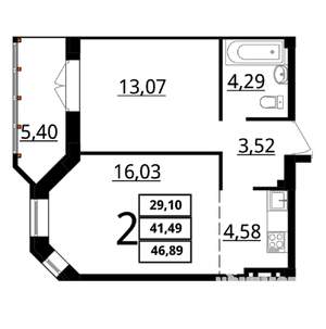 2-к квартира, сданный дом, 47м2, 6/7 этаж