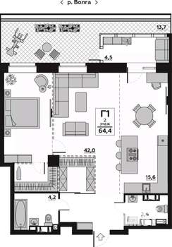 1-к квартира, вторичка, 64м2, 2/20 этаж