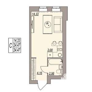 Студия квартира, вторичка, 24м2, 2/3 этаж