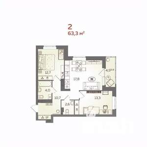 2-к квартира, вторичка, 63м2, 3/21 этаж