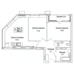 2-к квартира, вторичка, 56м2, 8/17 этаж