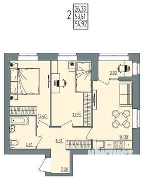 2-к квартира, вторичка, 55м2, 2/4 этаж