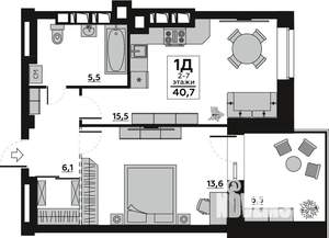 1-к квартира, вторичка, 41м2, 2/7 этаж