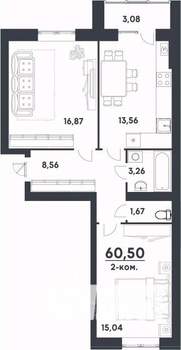 2-к квартира, строящийся дом, 61м2, 1/4 этаж