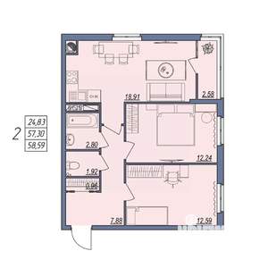 2-к квартира, вторичка, 59м2, 3/8 этаж