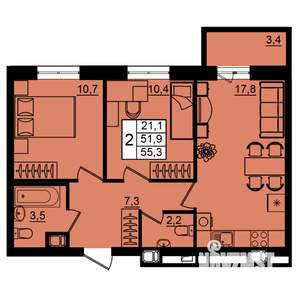 2-к квартира, вторичка, 55м2, 5/16 этаж