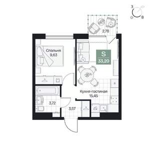 1-к квартира, вторичка, 33м2, 6/9 этаж