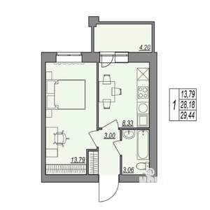 1-к квартира, строящийся дом, 29м2, 2/7 этаж