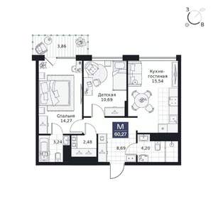 2-к квартира, вторичка, 60м2, 3/9 этаж