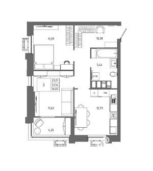 2-к квартира, вторичка, 56м2, 17/23 этаж