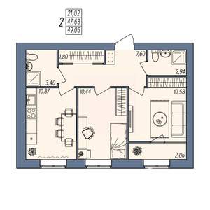 2-к квартира, вторичка, 49м2, 8/8 этаж