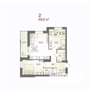 2-к квартира, вторичка, 69м2, 4/21 этаж