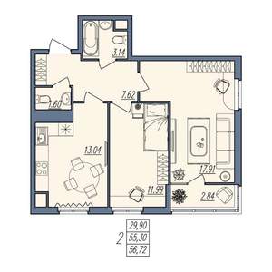 2-к квартира, вторичка, 57м2, 2/10 этаж