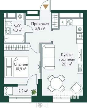 1-к квартира, строящийся дом, 44м2, 9/24 этаж