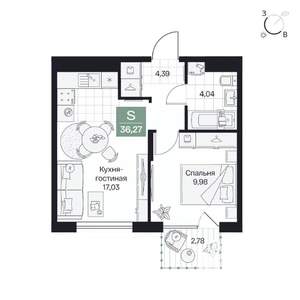 1-к квартира, вторичка, 36м2, 2/9 этаж