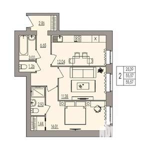 2-к квартира, вторичка, 56м2, 2/3 этаж