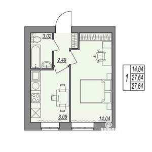 1-к квартира, строящийся дом, 28м2, 1/7 этаж