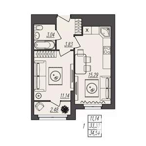 1-к квартира, вторичка, 35м2, 3/17 этаж