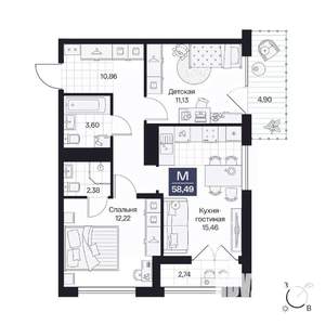 2-к квартира, вторичка, 58м2, 6/10 этаж