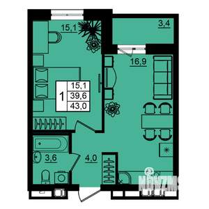 1-к квартира, вторичка, 43м2, 13/16 этаж