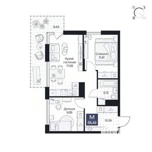 2-к квартира, вторичка, 55м2, 3/10 этаж