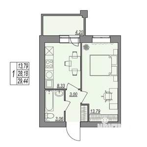 1-к квартира, строящийся дом, 29м2, 3/7 этаж