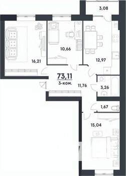 3-к квартира, строящийся дом, 73м2, 2/4 этаж