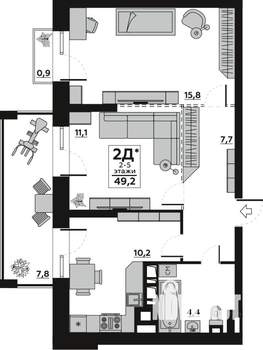 2-к квартира, вторичка, 49м2, 2/7 этаж