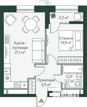 1-к квартира, вторичка, 44м2, 19/24 этаж