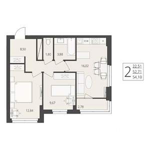 2-к квартира, вторичка, 54м2, 15/17 этаж