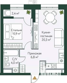 1-к квартира, вторичка, 44м2, 7/24 этаж