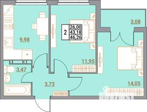 2-к квартира, вторичка, 46м2, 5/5 этаж