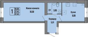 1-к квартира, строящийся дом, 37м2, 2/4 этаж