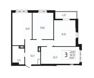 3-к квартира, вторичка, 90м2, 6/18 этаж