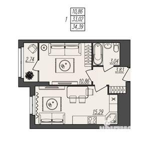 1-к квартира, вторичка, 34м2, 2/17 этаж