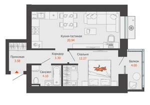 1-к квартира, строящийся дом, 45м2, 3/8 этаж