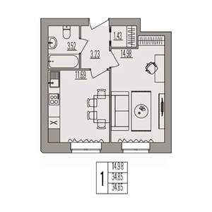 1-к квартира, вторичка, 35м2, 3/3 этаж