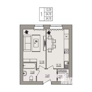 1-к квартира, вторичка, 35м2, 1/3 этаж