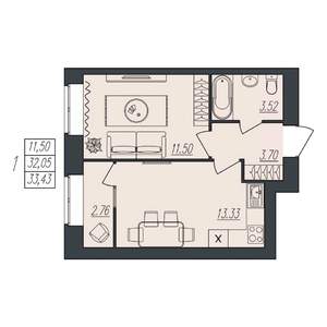 1-к квартира, вторичка, 33м2, 7/10 этаж