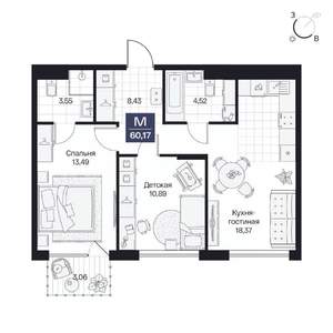 2-к квартира, вторичка, 60м2, 5/10 этаж