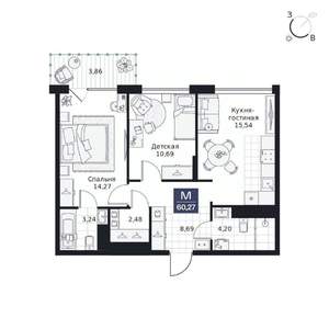 2-к квартира, вторичка, 60м2, 7/9 этаж