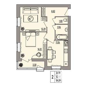 2-к квартира, вторичка, 54м2, 3/3 этаж