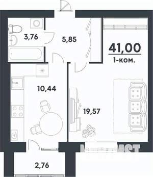 1-к квартира, вторичка, 41м2, 1/5 этаж
